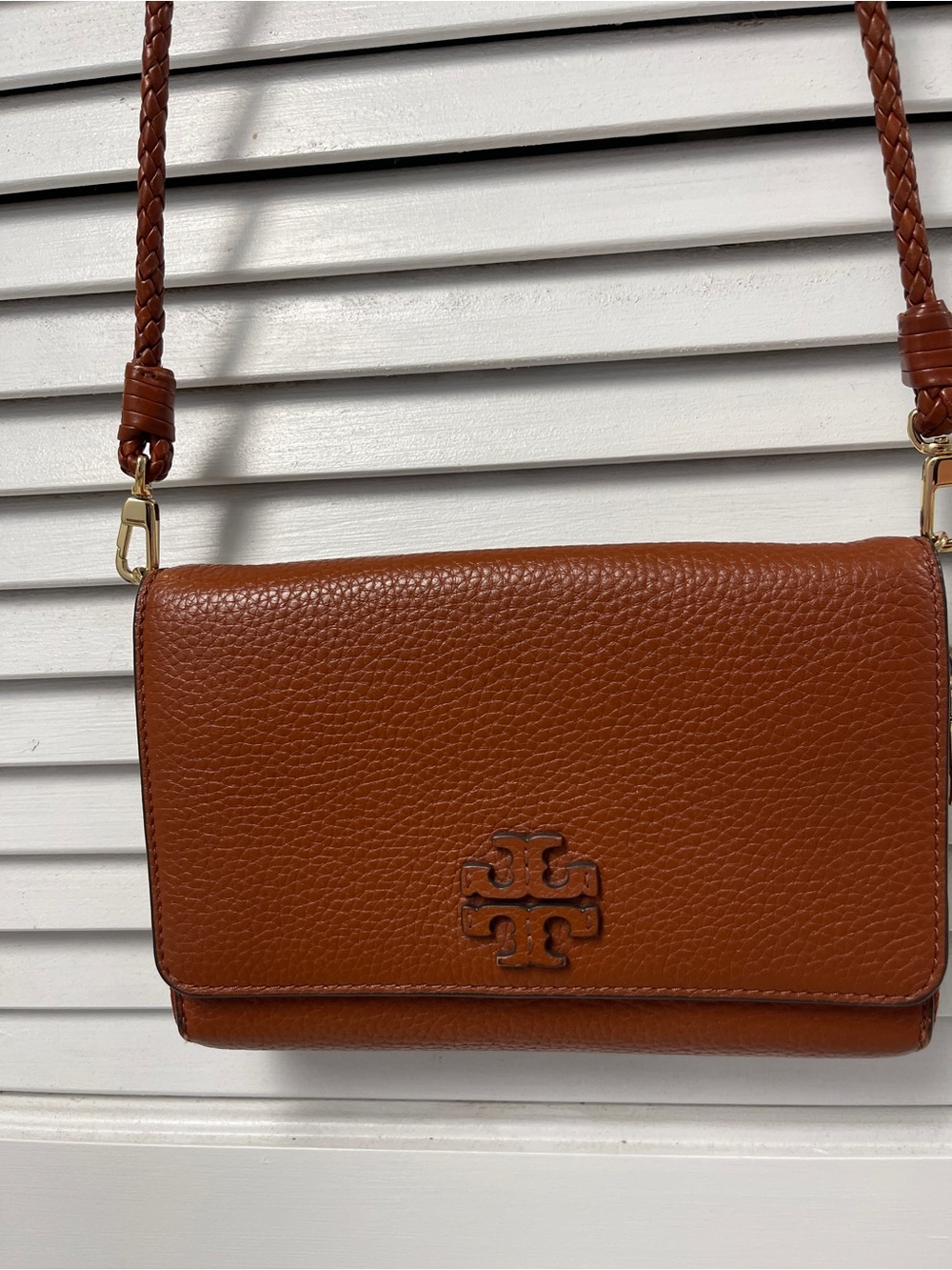 Tory Burch Cognac Pebbled Leather Crossbody Bag with Braided Strap
